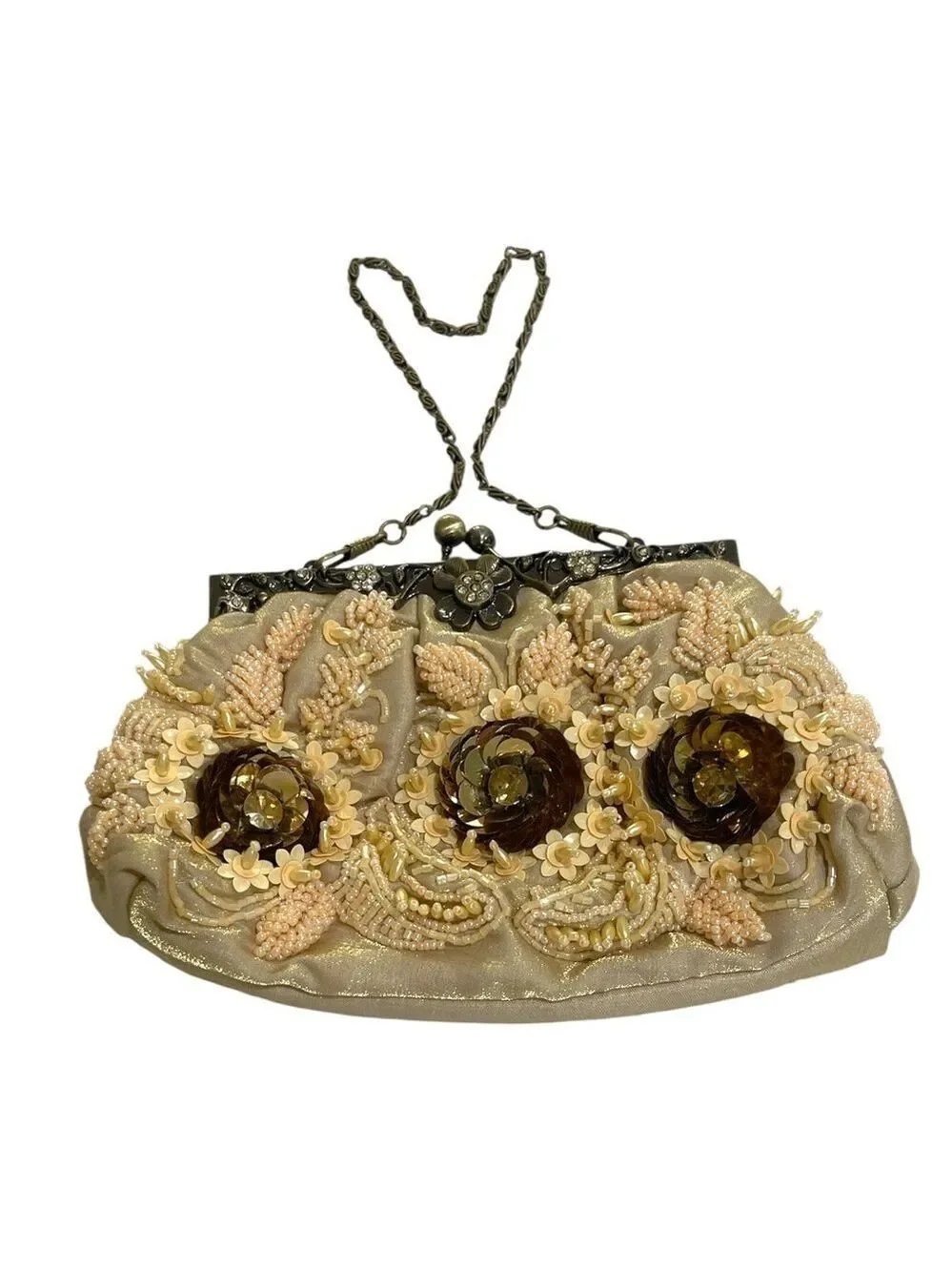 Vintage Sequin Beaded Chain Strap Bag gold Shimmer/peach/cream/